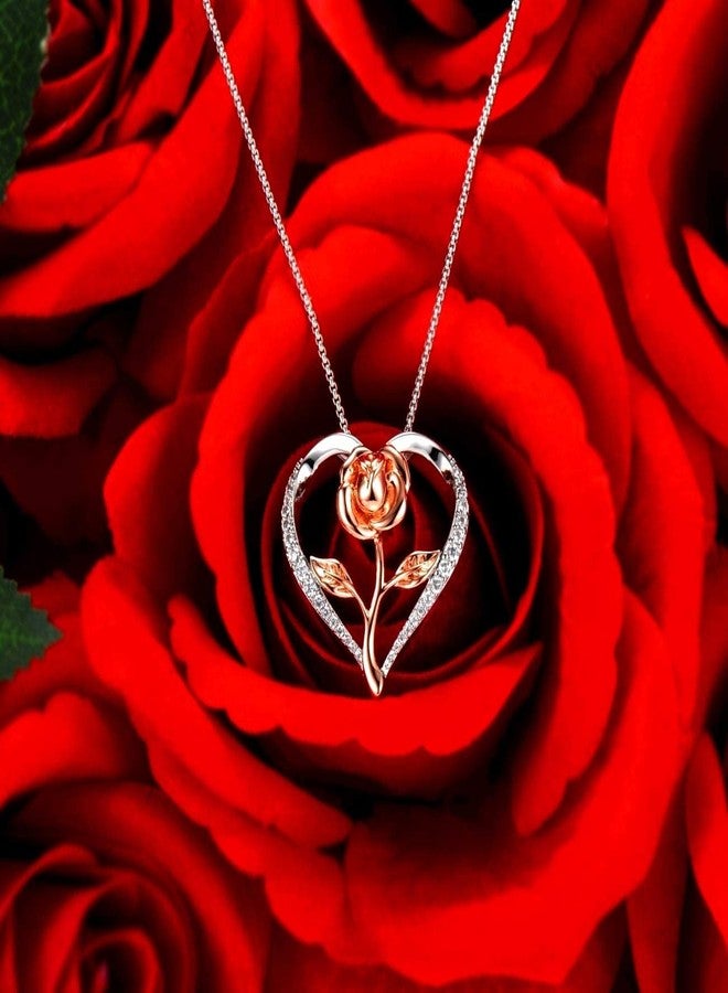 Klurent Rose Necklace for Women, Christmas Necklace with Gift Box, Rose Gold Flower Silver Heart Pendant Unique Necklaces Gift for Wife, Mom, Girlfriend on Christmas, Birthday, Anniversary - Image 2